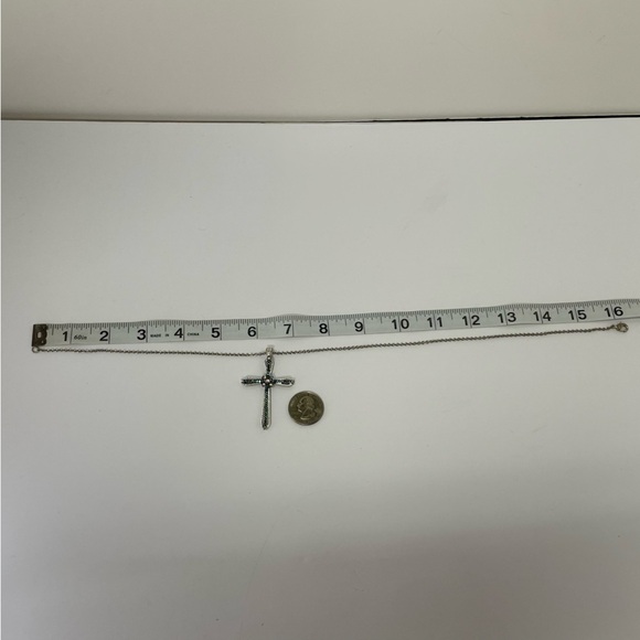 Silver Tone Cross Pendant Necklace with Blue and Clear Rhinestones - Picture 6 of 7